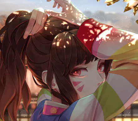 HD PC desktop wallpaper featuring D.Va from the video game Overwatch, capturing her confident gaze with detailed shading and vibrant colors.