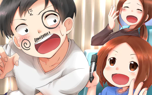 HD anime desktop wallpaper featuring Chi Nishikata and Takagi from Teasing Master Takagi-san, capturing their playful and teasing expressions.
