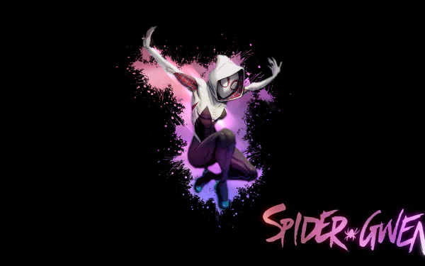 Comic-style Spider-Gwen striking an action pose against a dark background with pink and purple splashes, designed as a 4K Ultra HD PC desktop wallpaper.
