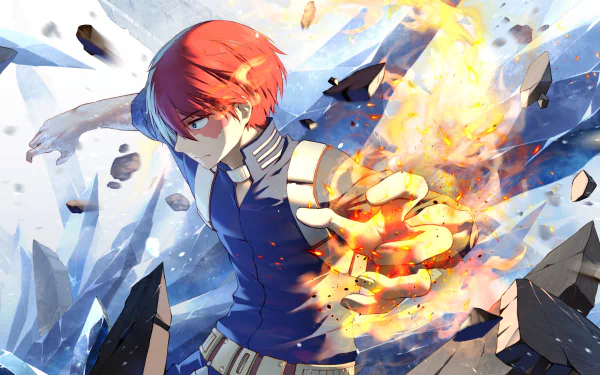 Shoto Todoroki from My Hero Academia unleashes his fire and ice powers in this vibrant 8K Ultra HD anime desktop wallpaper.