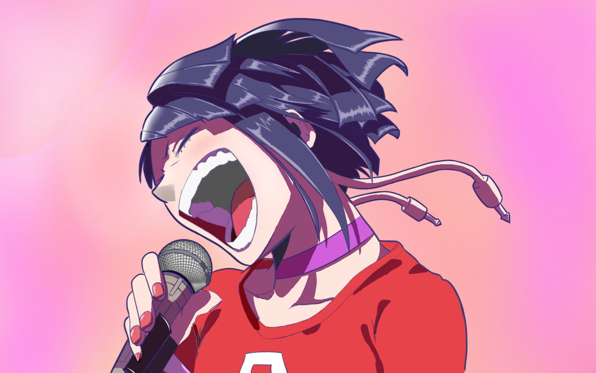 Kyōka Jirō (My Hero Academia) shouting into a microphone, energetic anime HD PC desktop wallpaper with a pink gradient background.