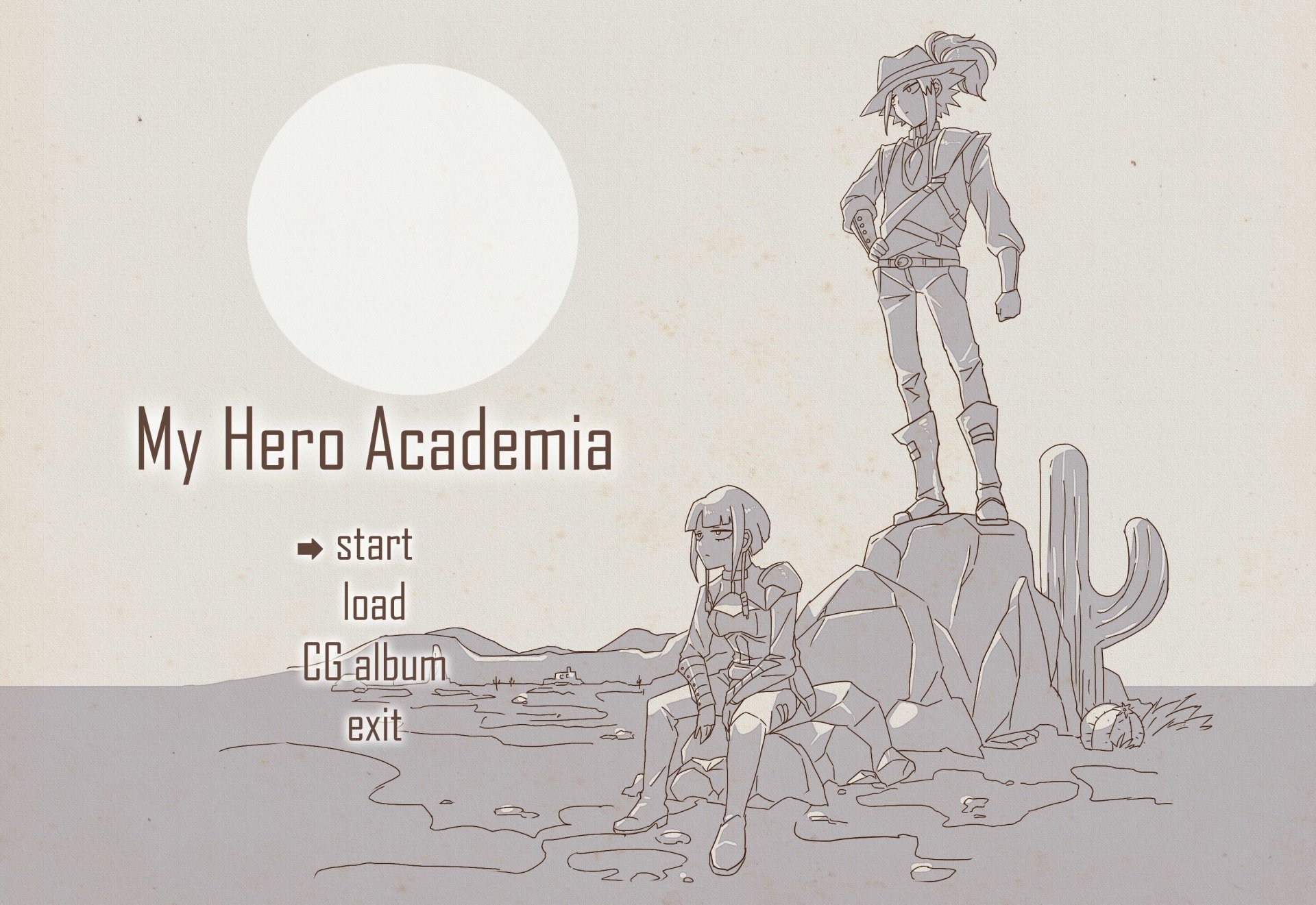 Monochrome 2K Quad HD anime desktop wallpaper of Kyōka Jirō sitting and Denki Kaminari standing on a rocky desert with a cactus and large sun; minimalist My Hero Academia menu text.