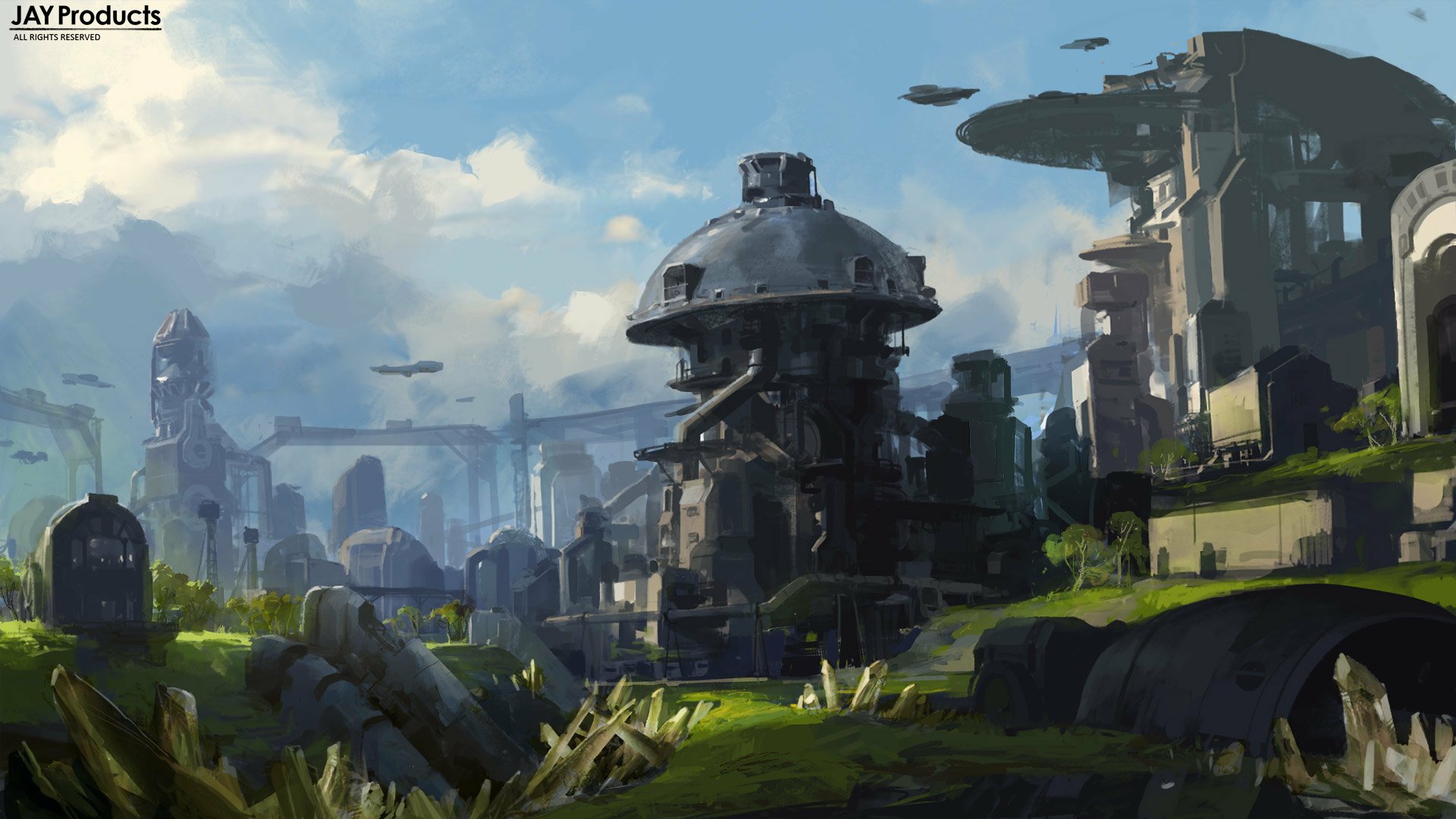 Futuristic sci-fi cityscape featuring advanced buildings, flying vehicles, and lush greenery under a vibrant blue sky, captured in HD for a PC desktop wallpaper.