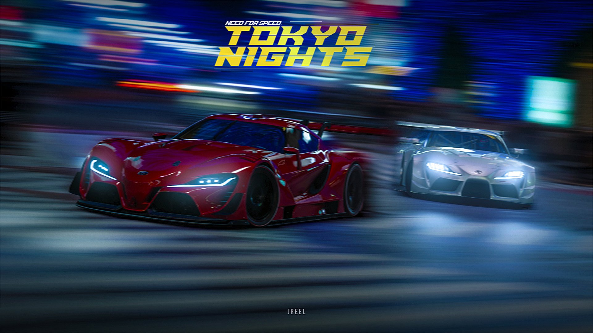 Need For Speed video game — Tokyo Nights HD PC desktop wallpaper and background: two sports cars racing through neon-lit Tokyo streets at night.