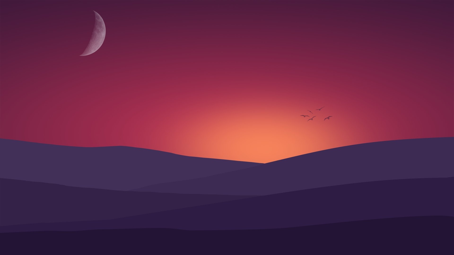 Artistic minimalist 4K Ultra HD desktop wallpaper featuring a crescent moon over layered purple hills against a warm gradient sunset sky.