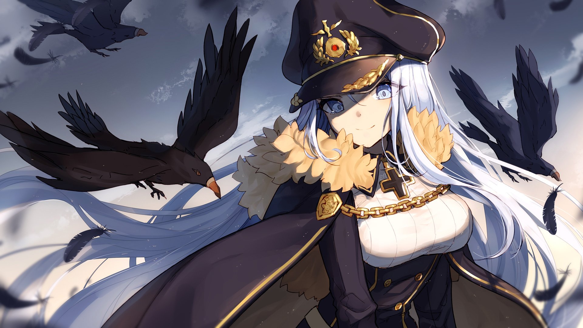 HD anime desktop wallpaper featuring a Warship Girls character with white hair, blue eyes, and a military-style outfit surrounded by flying crows in a stormy sky.