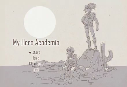 Monochrome 2K Quad HD anime desktop wallpaper of Kyōka Jirō sitting and Denki Kaminari standing on a rocky desert with a cactus and large sun; minimalist My Hero Academia menu text.