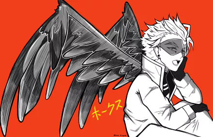 HD PC desktop wallpaper of Keigo Takami (Hawks) from My Hero Academia — anime-style, masked hero with large black wings posed against a bold red background.