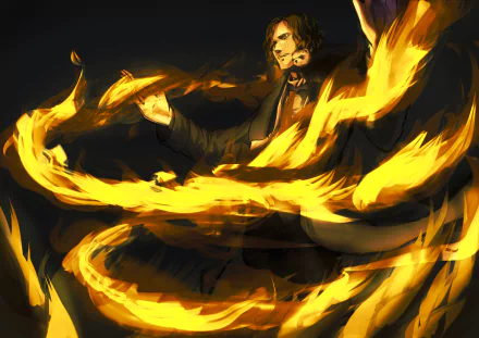 Anime original 2K Quad HD PC desktop wallpaper: dark-clad figure conjuring swirling, golden flames around them, dramatic lighting and dynamic motion.