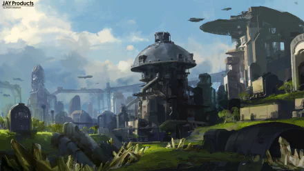 Futuristic sci-fi cityscape featuring advanced buildings, flying vehicles, and lush greenery under a vibrant blue sky, captured in HD for a PC desktop wallpaper.