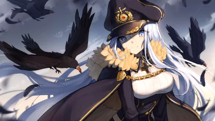 HD anime desktop wallpaper featuring a Warship Girls character with white hair, blue eyes, and a military-style outfit surrounded by flying crows in a stormy sky.