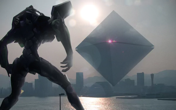 HD PC wallpaper featuring Evangelion Unit-01 facing the floating, geometric Angel Ramiel from the anime Neon Genesis Evangelion, set against a city skyline at sunset.