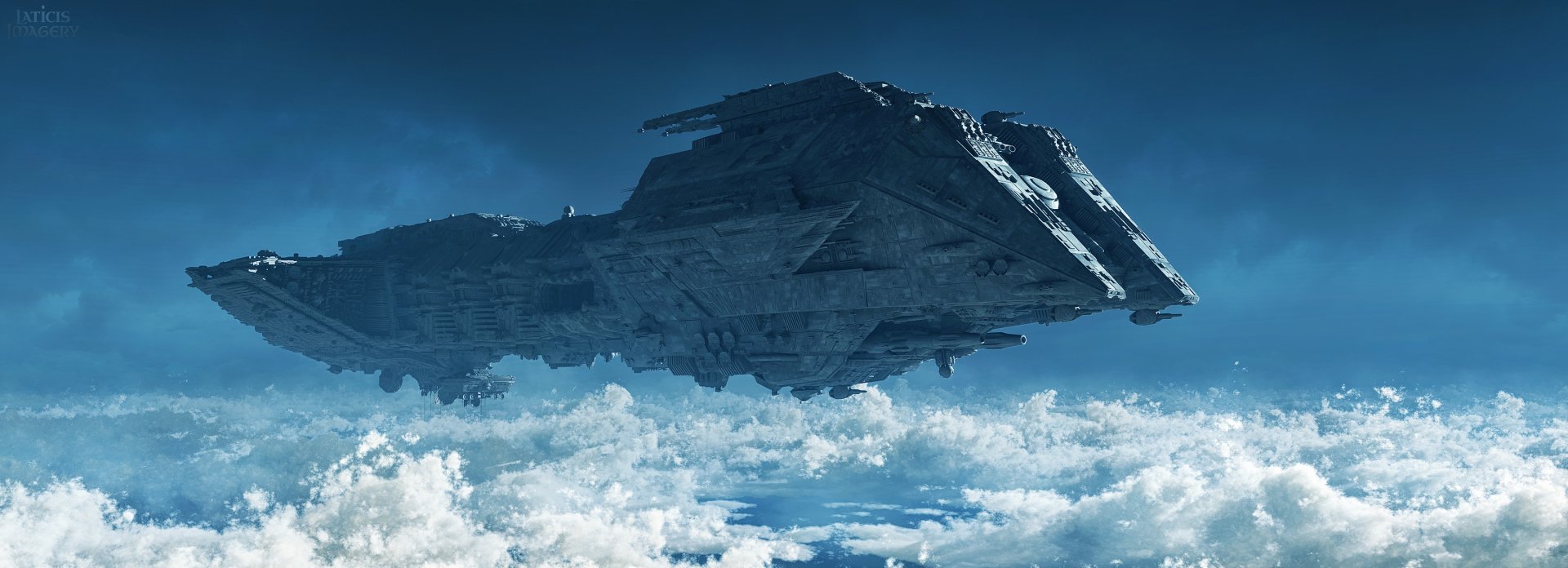 HD PC desktop wallpaper featuring a detailed sci-fi spaceship hovering above the clouds against a deep blue sky.