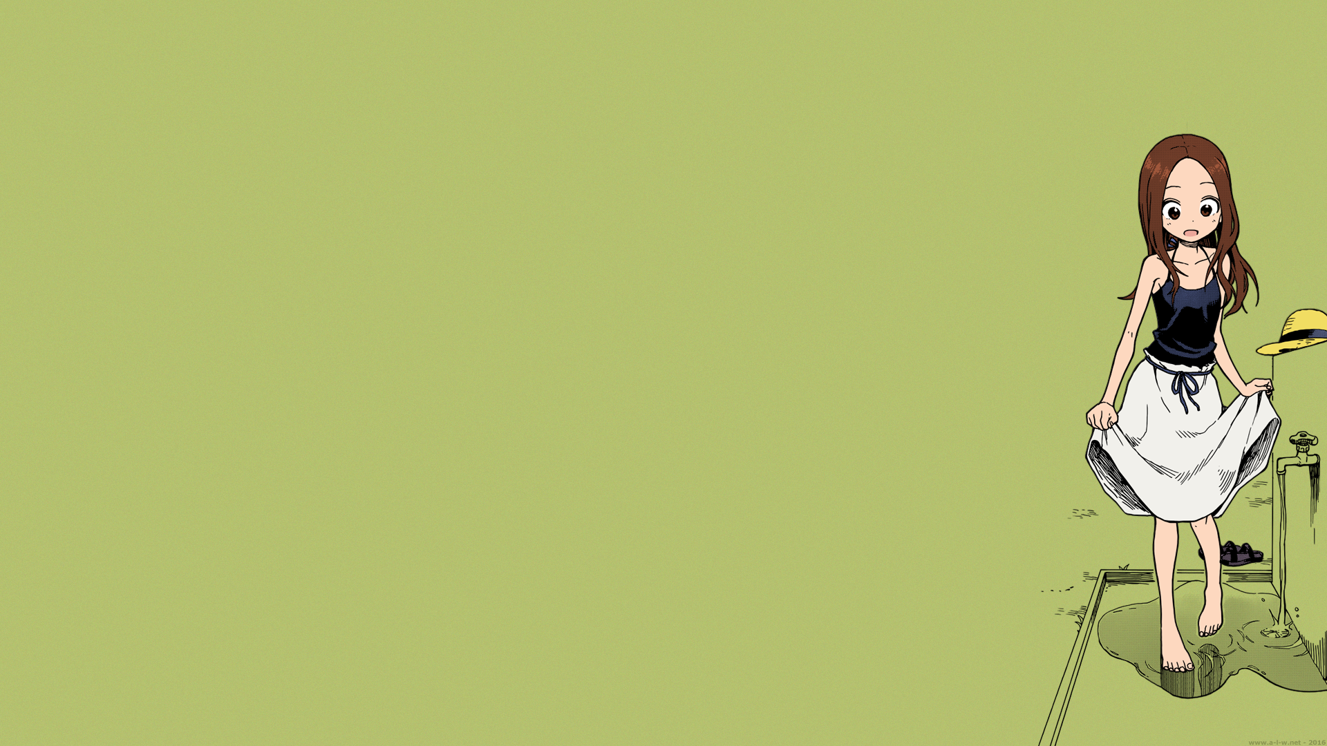 HD anime desktop wallpaper featuring Takagi-san from Teasing Master Takagi-san standing barefoot on a light green background, smiling playfully.