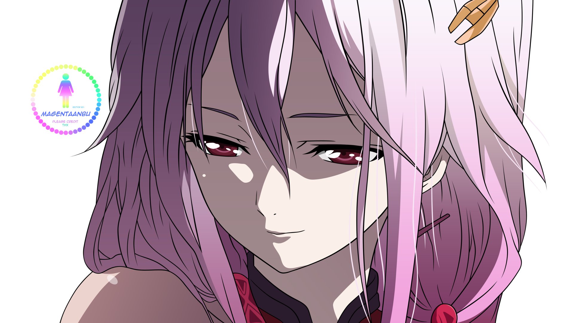 Close-up of Inori Yuzuriha from Guilty Crown, pink-haired anime portrait with red eyes and a gentle smile, 4K Ultra HD PC desktop wallpaper/background.