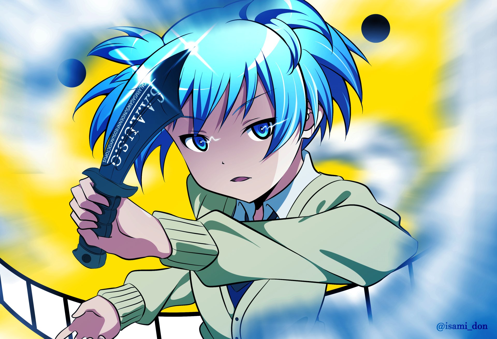 HD anime desktop wallpaper featuring Nagisa Shiota from Assassination Classroom wielding a knife with a determined expression against a dynamic blue and yellow background.