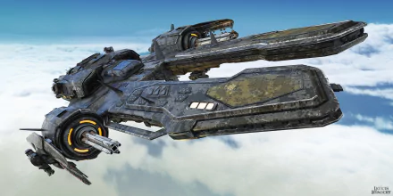 Sci-fi spaceship soars above clouds, weathered metallic hull with turreted engines — 2K Quad HD PC desktop wallpaper/background.