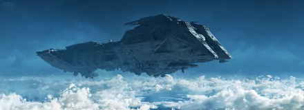 HD PC desktop wallpaper featuring a detailed sci-fi spaceship hovering above the clouds against a deep blue sky.