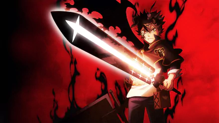 HD desktop wallpaper featuring Asta from Black Clover holding a large sword, with a vibrant red background and dramatic black shadows.