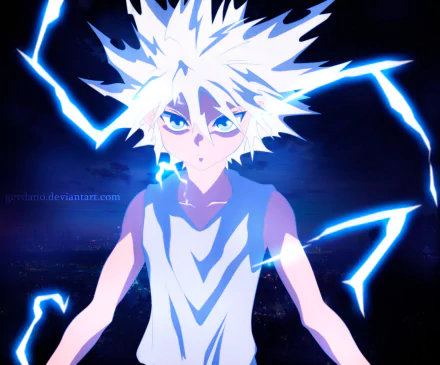 HD desktop wallpaper featuring Killua Zoldyck from the anime Hunter x Hunter, with a dark background and electric blue lighting effects emanating from him.