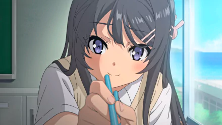 HD desktop wallpaper and background featuring Mai Sakurajima from the anime Rascal Does Not Dream of Bunny Girl Senpai, captured in a close-up shot with a thoughtful expression and holding a pen.