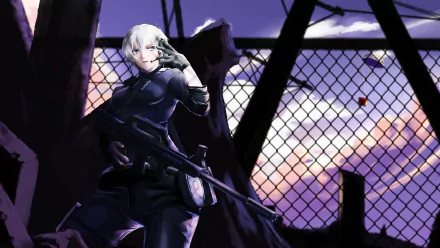 Anime original HD PC desktop wallpaper: white-haired sniper in a dark cloak holding a rifle by a chain-link fence against a purple sunset.