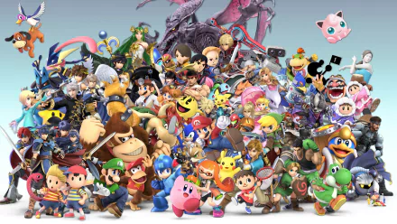 HD desktop wallpaper featuring a colorful and dynamic group shot of various popular characters from the video game Super Smash Bros. Ultimate.