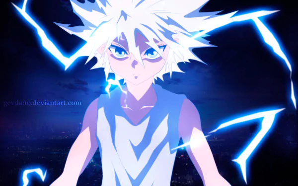 HD desktop wallpaper featuring Killua Zoldyck from the anime Hunter x Hunter, with a dark background and electric blue lighting effects emanating from him.