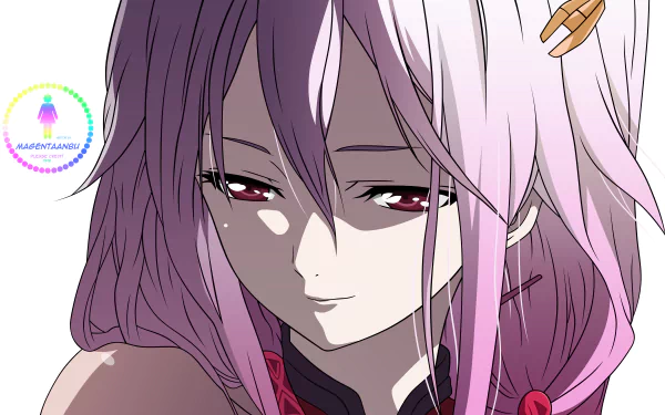 Close-up of Inori Yuzuriha from Guilty Crown, pink-haired anime portrait with red eyes and a gentle smile, 4K Ultra HD PC desktop wallpaper/background.