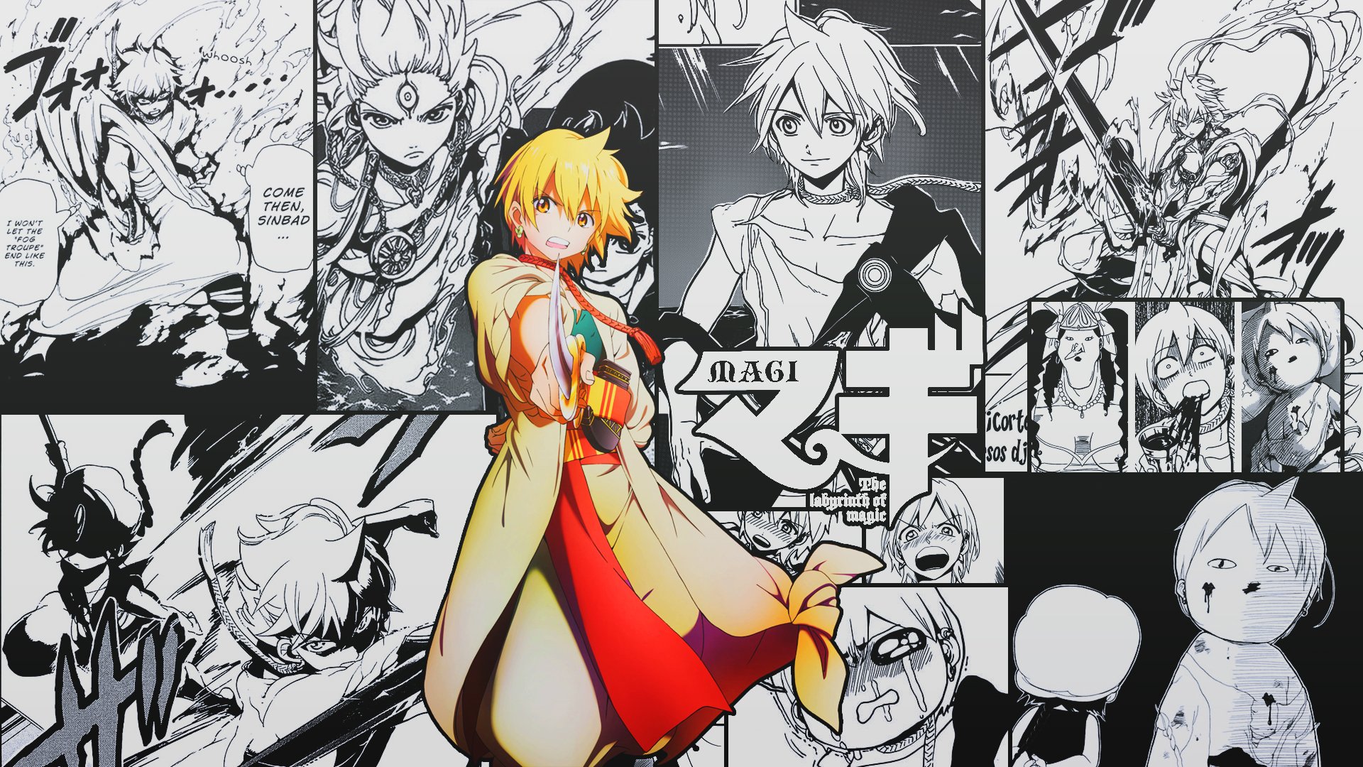 HD PC desktop wallpaper featuring Alibaba Saluja from the anime Magi: The Labyrinth of Magic, set against a collage of manga panels in black and white.