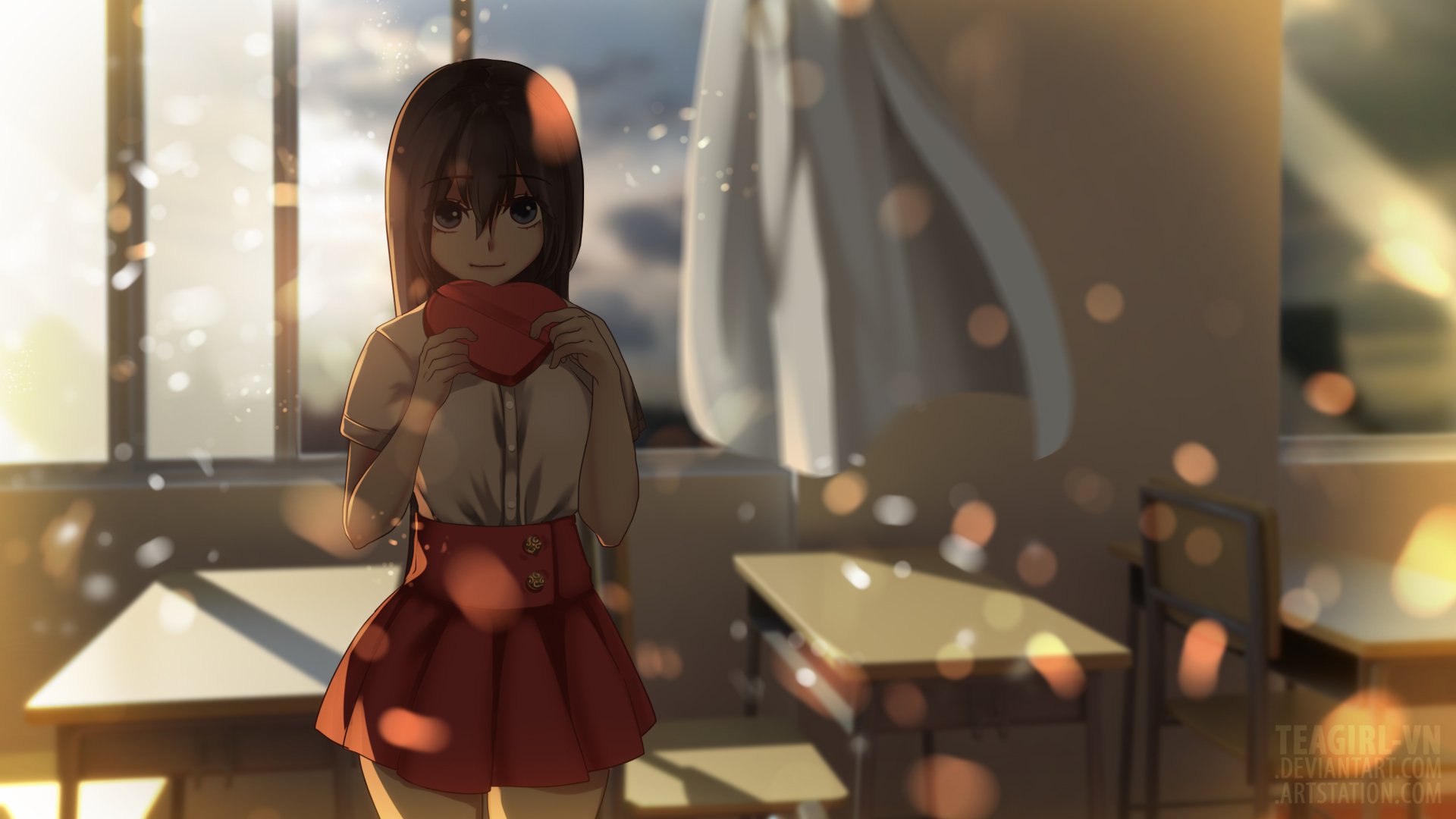 Anime-style HD desktop wallpaper of a girl holding a heart-shaped chocolate in a sunlit classroom, capturing a warm Valentine's Day moment with soft lighting and original art.
