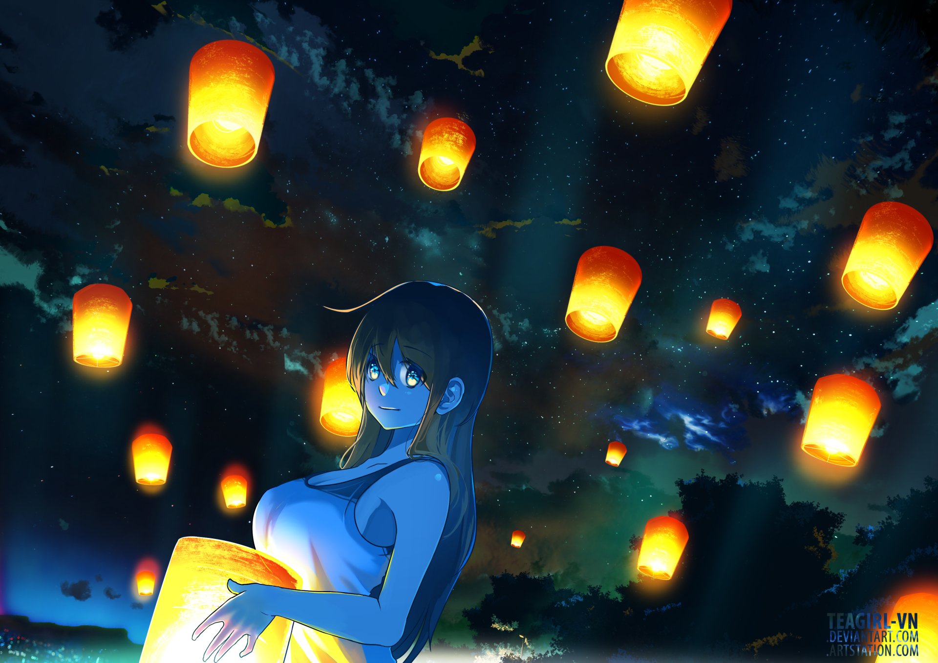 Anime-style summer night scene with a girl holding a glowing lantern beneath a starry sky filled with floating lanterns, designed as an HD PC desktop wallpaper.