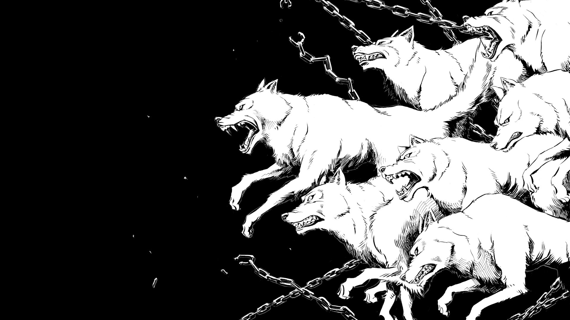 Black-and-white fantasy scene of chained, snarling wolves breaking free against a void — 5K Ultra HD PC desktop wallpaper/background.