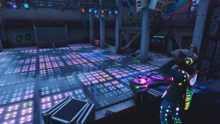HD PC desktop wallpaper featuring a vibrant Fortnite Battle Royale scene with a character in a glowing outfit inside a futuristic dance club environment.