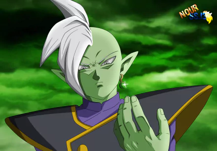 Zamasu (Dragon Ball Super, Anime) close-up: green-skinned deity with white hair and Potara earring, purple-black robes against a swirling green sky — 5K Ultra HD PC wallpaper.