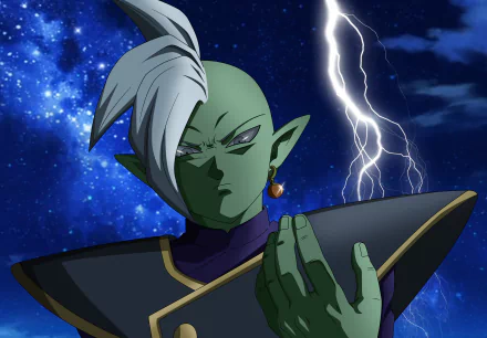 Zamasu (Dragon Ball) — Dragon Ball Super anime: green-skinned Kai with white hair and Potara earring, hand raised against lightning and a starry 5K Ultra HD PC desktop wallpaper background.
