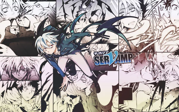 Sleepy Ash from Servamp in a dynamic blue‑haired pose over a collage of monochrome manga panels with the Servamp logo — HD PC desktop wallpaper/background, anime art.