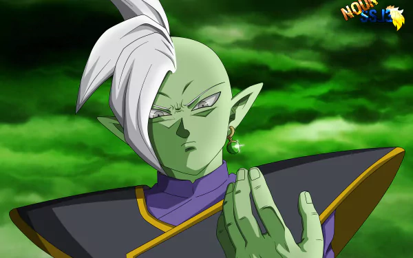 Zamasu (Dragon Ball Super, Anime) close-up: green-skinned deity with white hair and Potara earring, purple-black robes against a swirling green sky — 5K Ultra HD PC wallpaper.