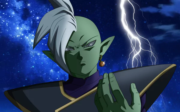 Zamasu (Dragon Ball) — Dragon Ball Super anime: green-skinned Kai with white hair and Potara earring, hand raised against lightning and a starry 5K Ultra HD PC desktop wallpaper background.