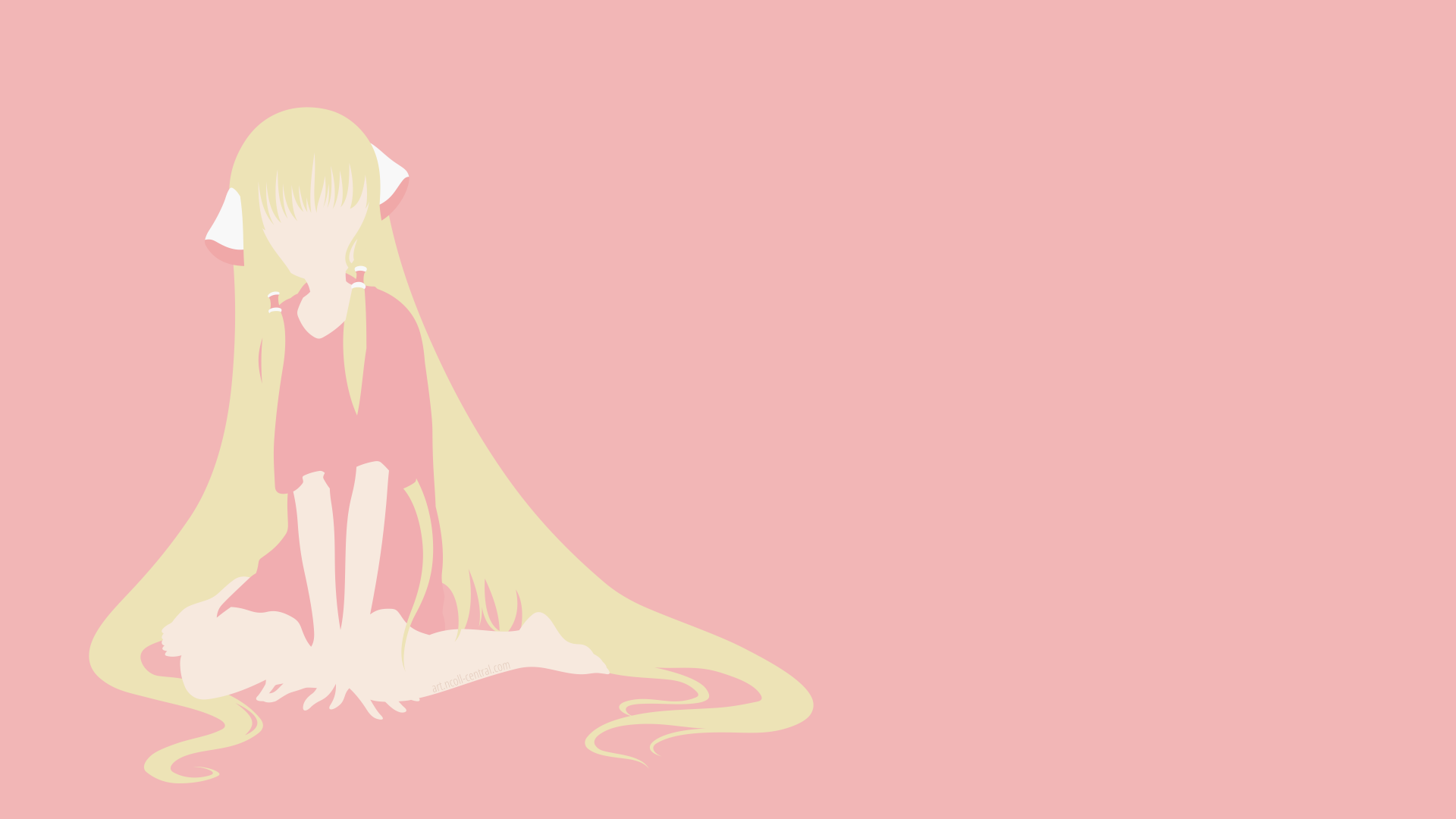 4K Ultra HD PC desktop wallpaper and background: minimalist anime illustration of Chi (Chobits), pale silhouette with long flowing hair seated against a solid pink backdrop.