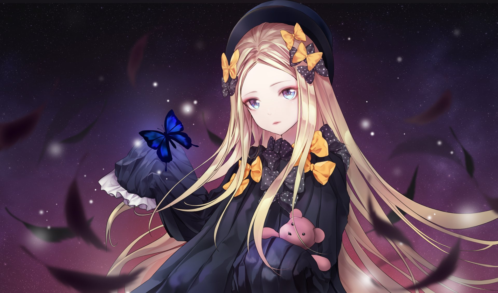 HD anime wallpaper featuring Abigail Williams from Fate/Grand Order, showcasing her with flowing blonde hair, a dark outfit, and a glowing blue butterfly against a mystical background.