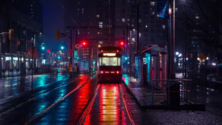 Vehicle tram on wet city tracks at night, neon lights reflecting on slick pavement — moody urban scene in 2K Quad HD PC desktop wallpaper and background.