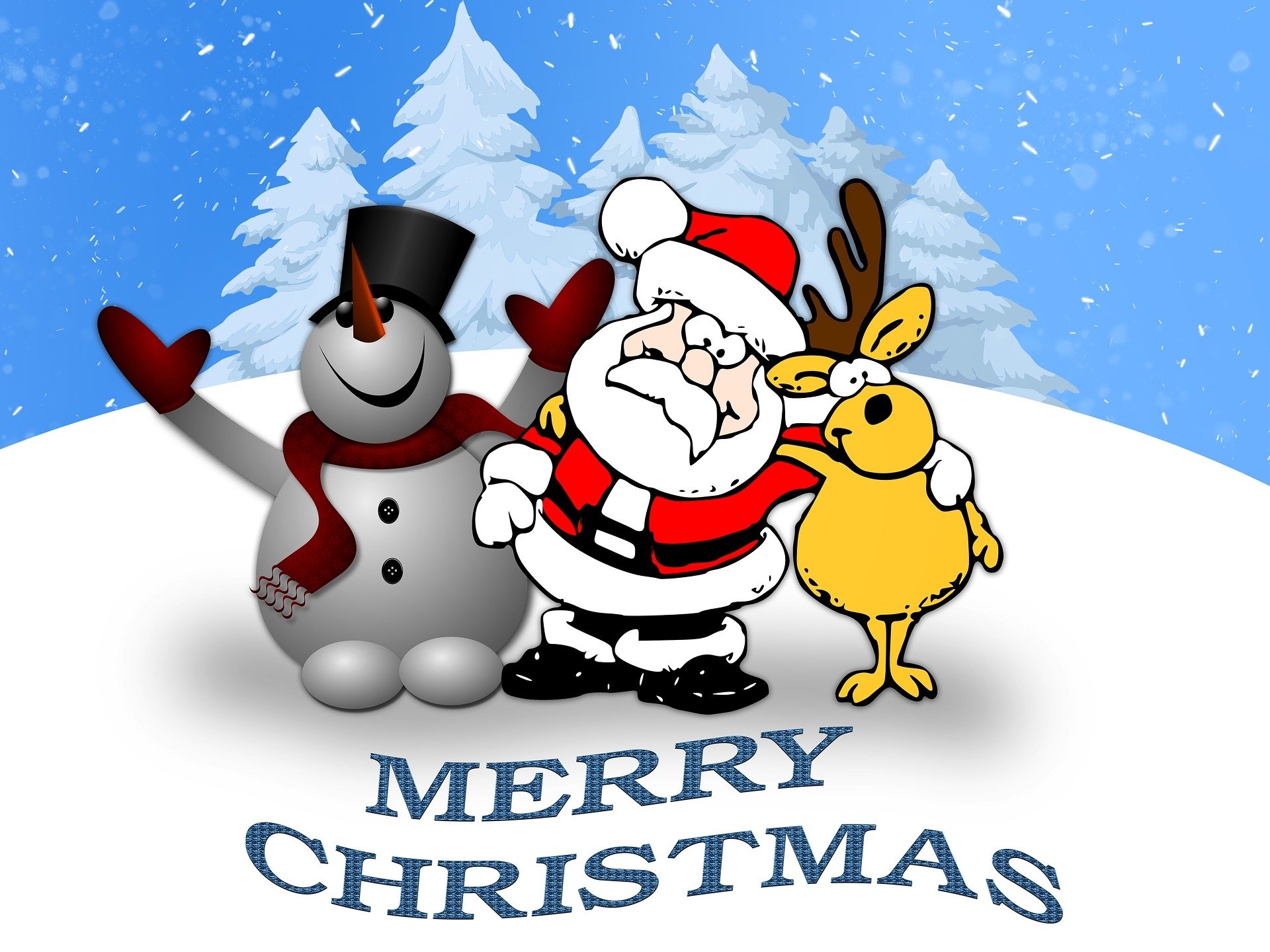 HD PC desktop wallpaper: cheerful Santa with a snowman and reindeer in a snowy pine scene, Merry Christmas text — bright holiday Christmas illustration.
