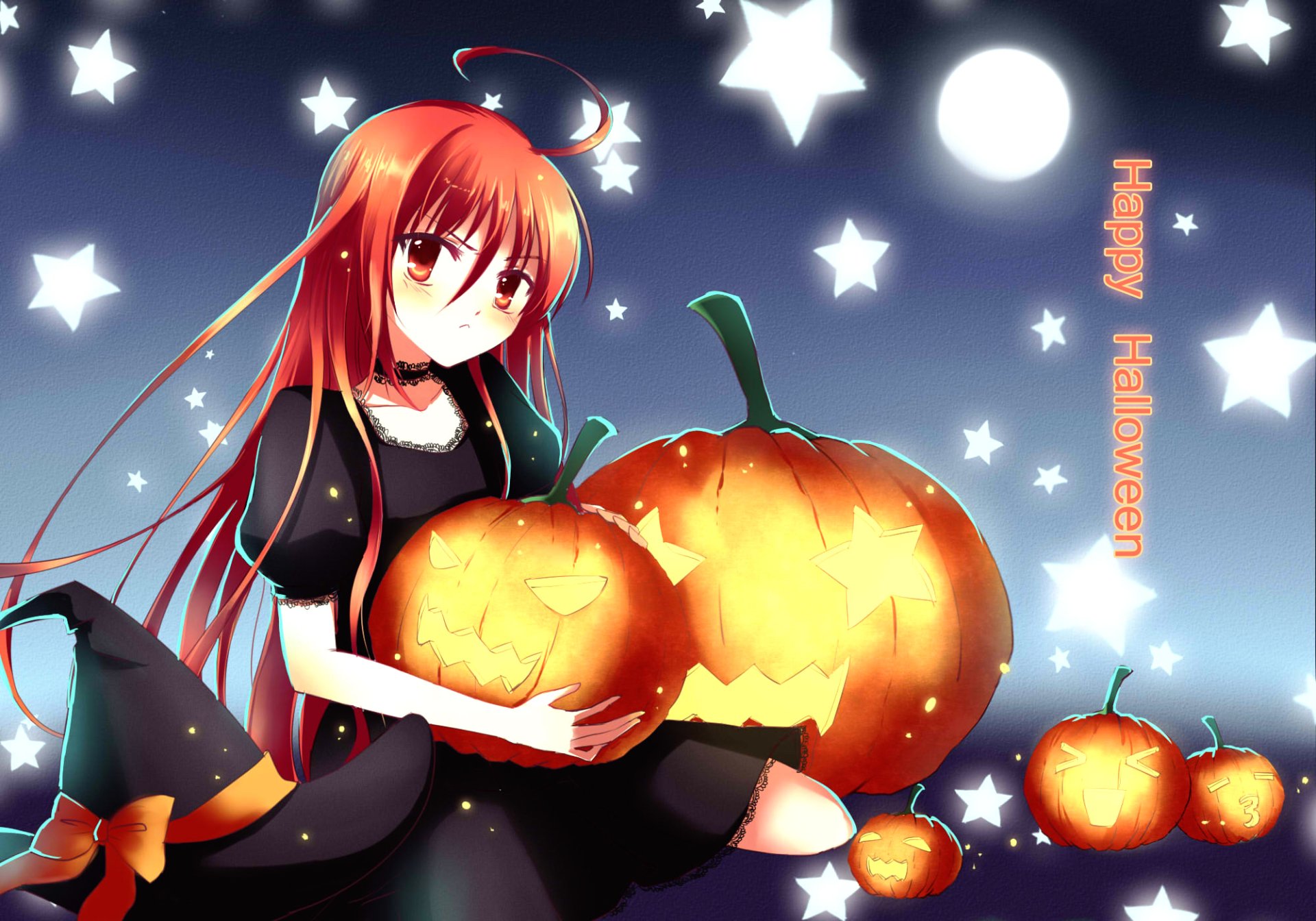 HD anime desktop wallpaper/background of Shana (Shakugan No Shana) in a Halloween dress holding carved pumpkins beneath a moonlit, starry sky.