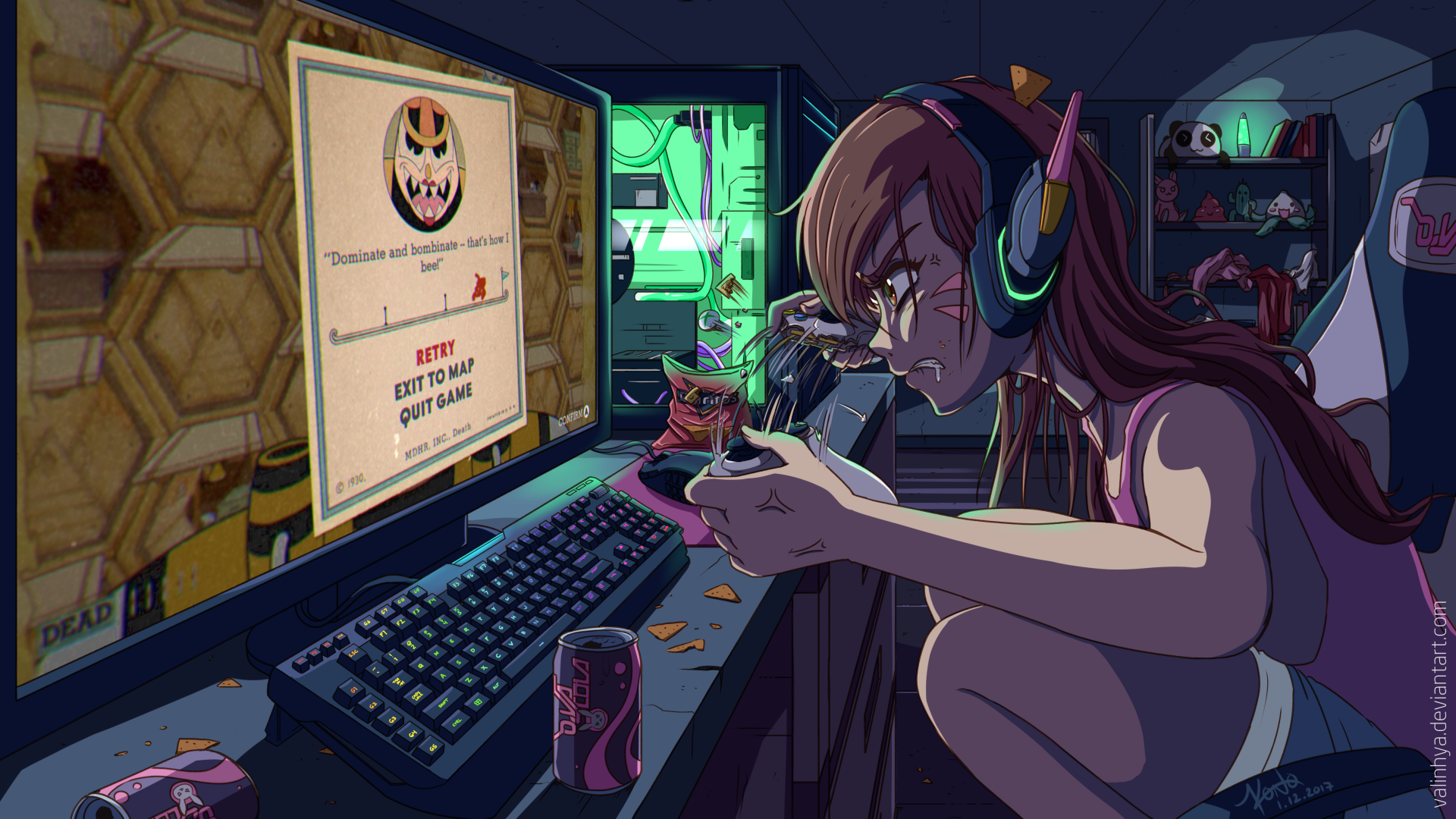 D.Va (Overwatch) at a neon-lit PC desk fixing a controller, surrounded by monitors and gaming gear — stylized 4K Ultra HD video game PC desktop wallpaper/background.