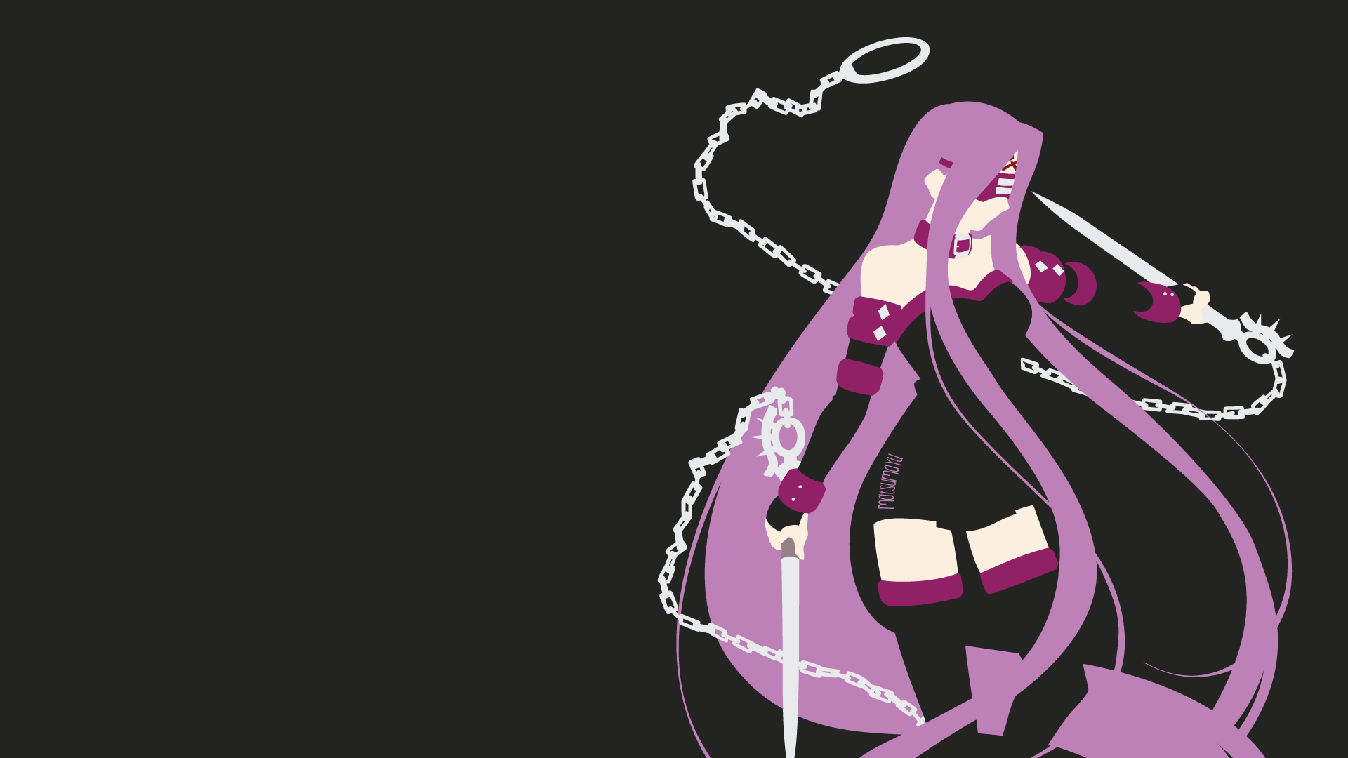 HD PC desktop wallpaper of Rider (Fate/stay night) from Fate/Stay Night: Unlimited Blade Works — purple‑haired anime Servant wielding chains against a dark minimalist background.