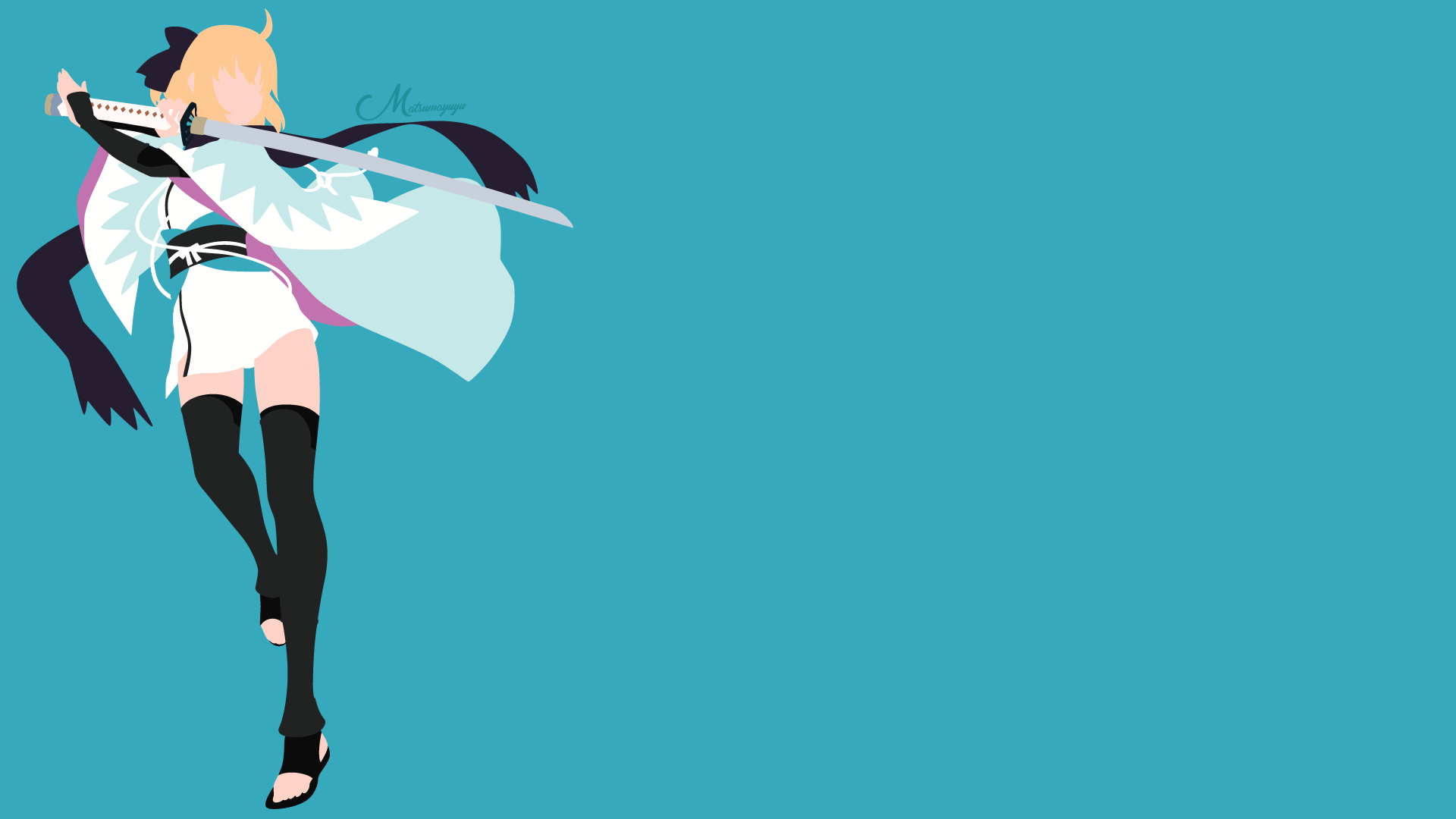 HD PC desktop wallpaper: minimalist anime artwork of Sakura Saber (Okita Sōji) from Fate/Grand Order — full-body stylized figure walking left against a solid teal background.