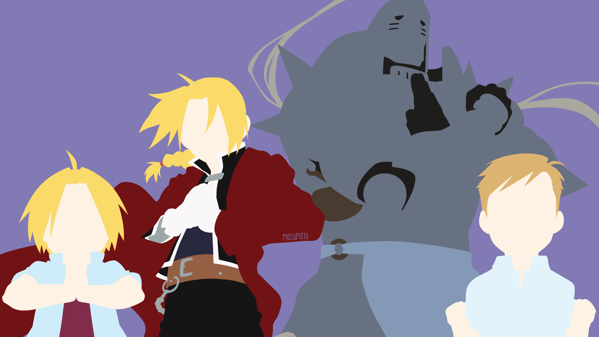 Minimalist 4K Ultra HD anime wallpaper featuring Alphonse Elric, Edward Elric from Fullmetal Alchemist with bold colors and simplified silhouettes.