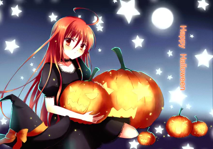 HD anime desktop wallpaper/background of Shana (Shakugan No Shana) in a Halloween dress holding carved pumpkins beneath a moonlit, starry sky.