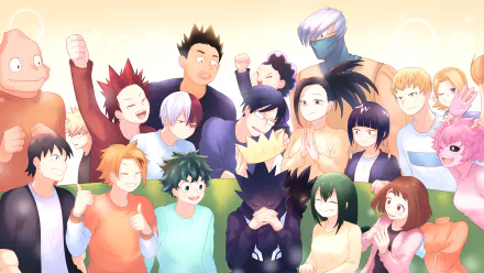 Anime characters from My Hero Academia gather in a vibrant 4K Ultra HD desktop wallpaper, showcasing a lively and colorful group scene.